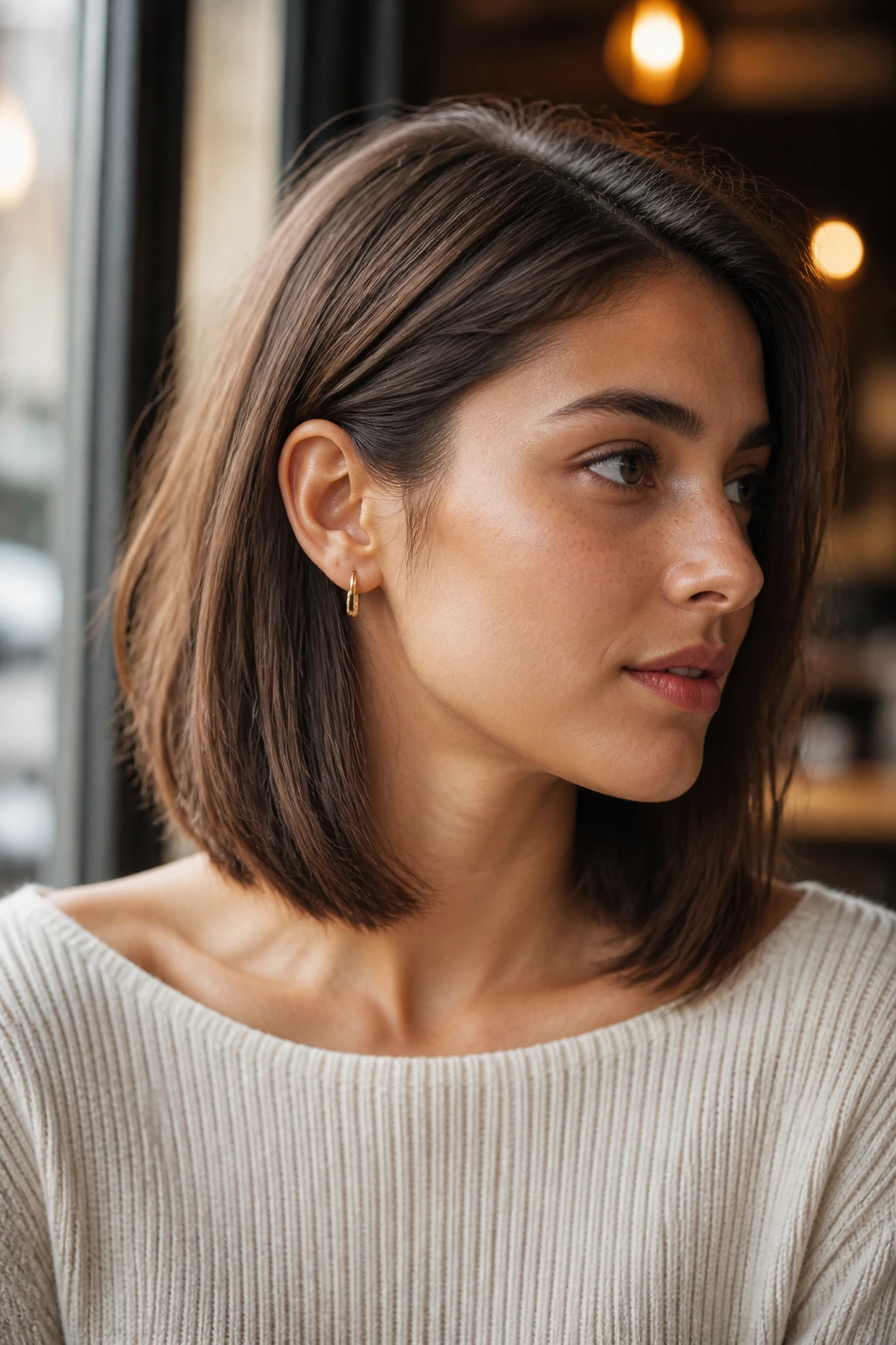 Portrait of a woman with a tuck-friendly lob, hair tucked behind the ear
