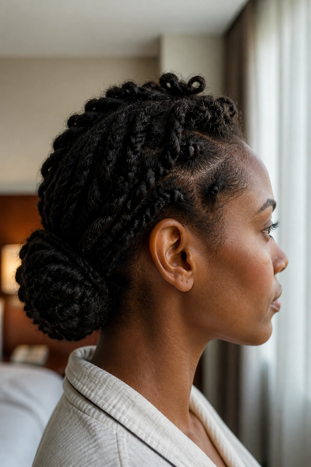 Profile view of a woman with tucked-in coils into a low bun.