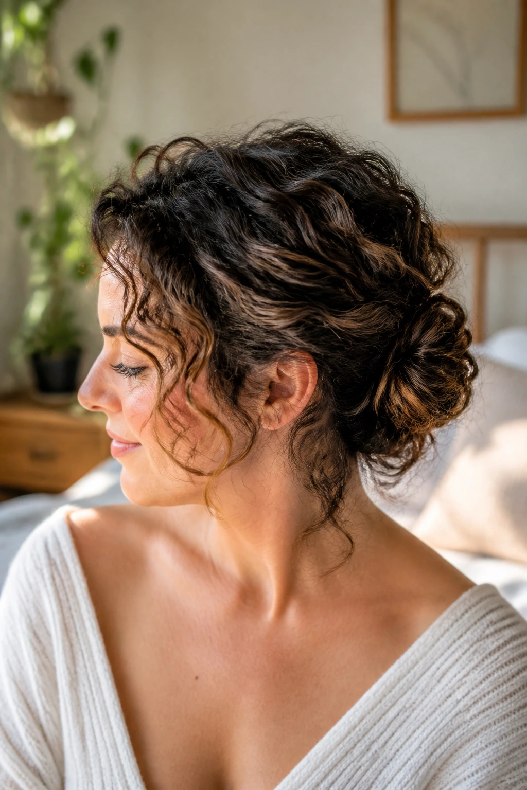 Close-up portrait of a real woman with a tuck-and-pin bun on shoulder-length curly hair, warm window-light