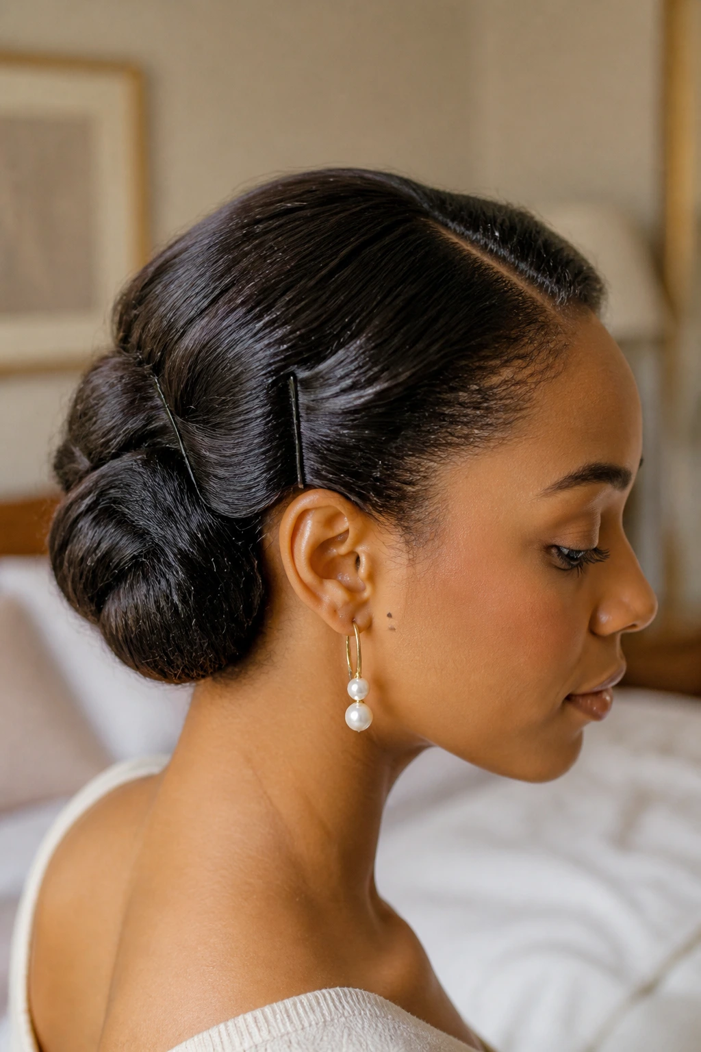 Close-up of tuck-and-pin hairstyle on a real person