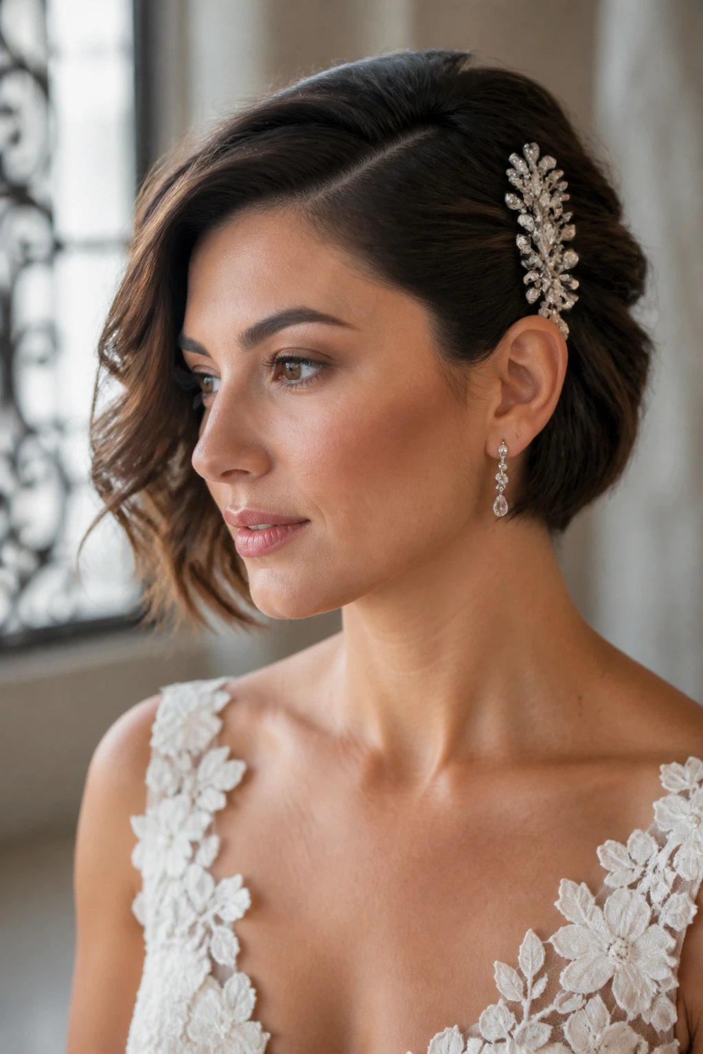 Close-up of a bride with asymmetrical tuck and a jeweled comb in her hair.