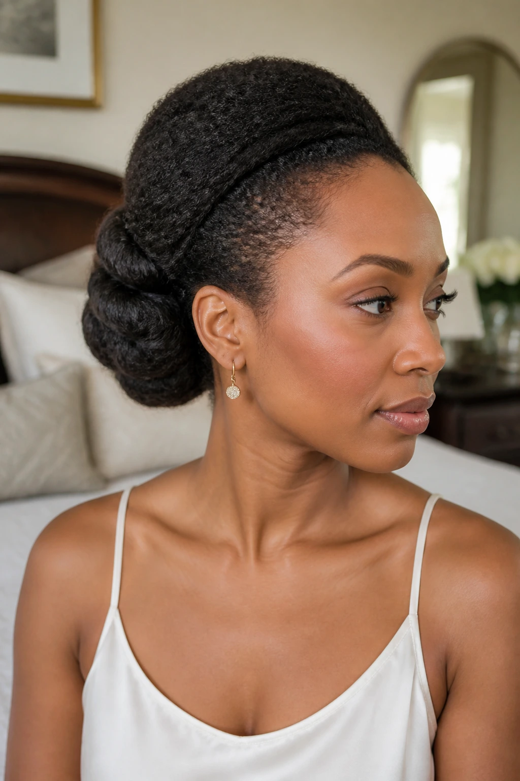 Close-up of a woman with tuck-and-pin updo and soft ends