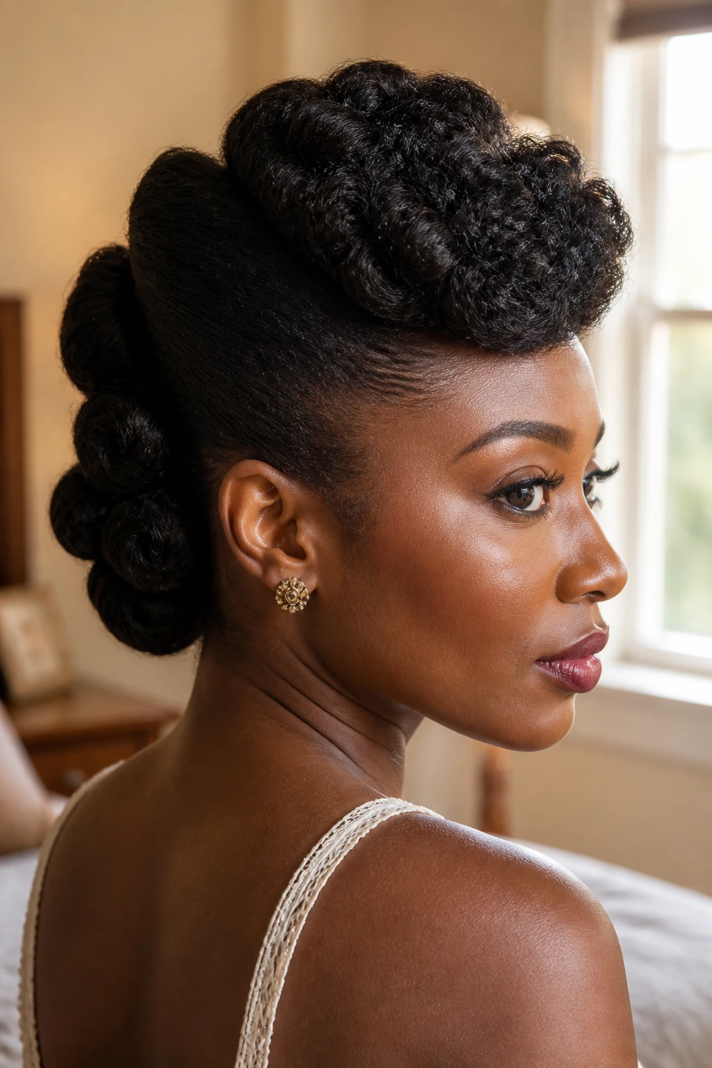 Close-up of a real woman with a vintage tuck-and-roll updo, warm window light