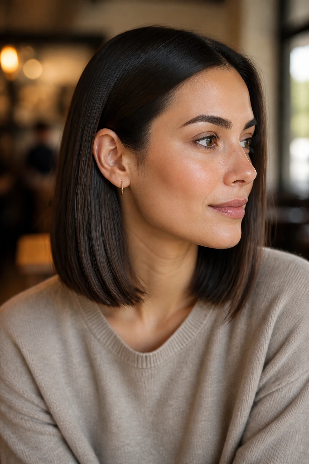 Close-up of a person with a tuckable lob tucked behind the ear.