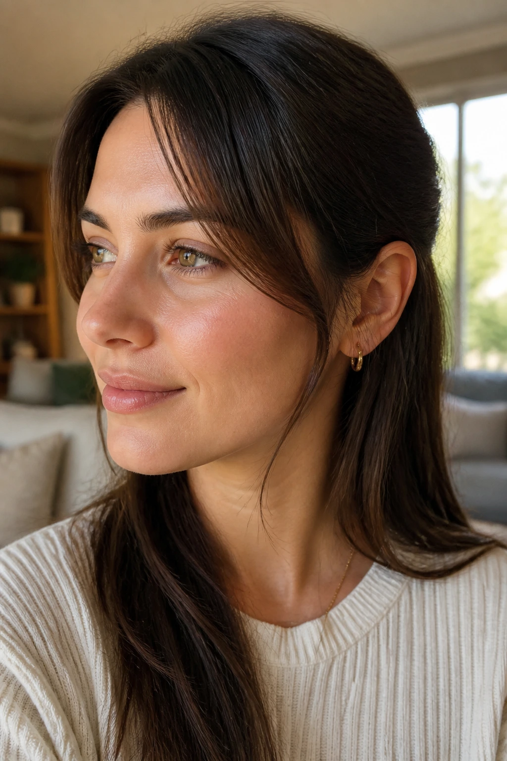 Close-up of a real woman with tucked-away side bangs framing her face in warm window light