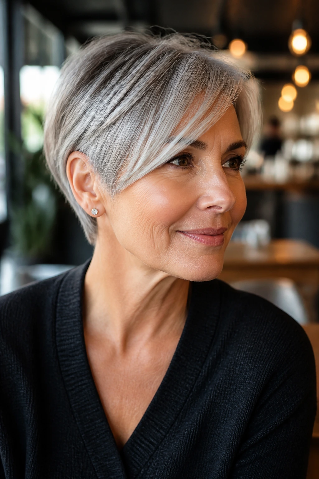 Portrait of an older woman with a tucked-back crop and longer fringe