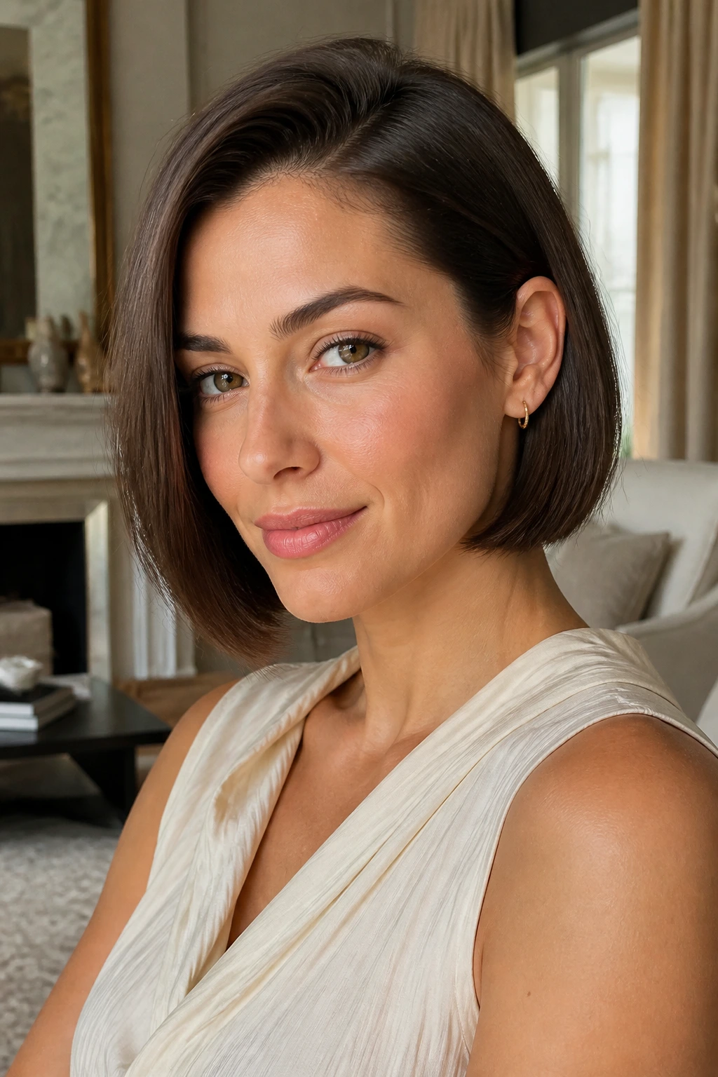 Close-up of a real woman with an ear-skimming tucked-back bob in a warm living room