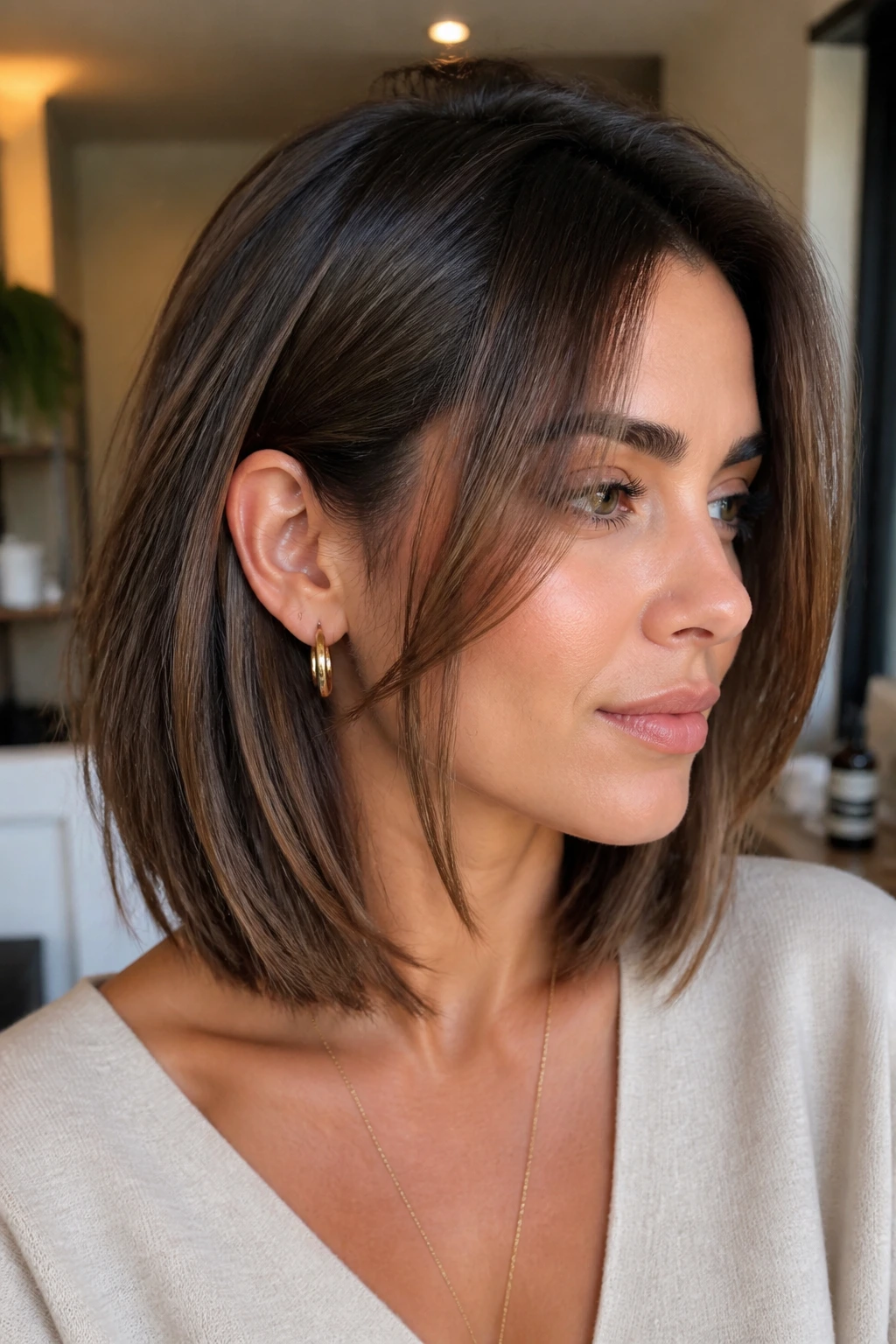 Close-up portrait of a real woman with tucked-back lob and long temple layers