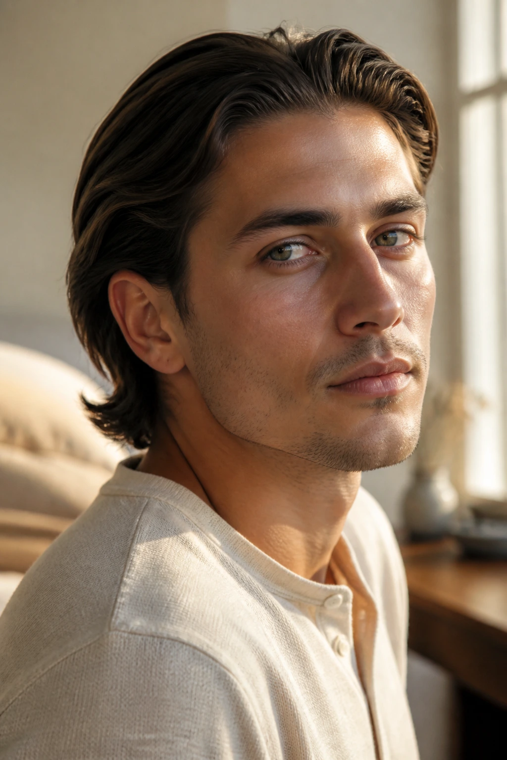 Close-up portrait of a man with tucked-back medium-length hair, neat sides and brushed-back top.