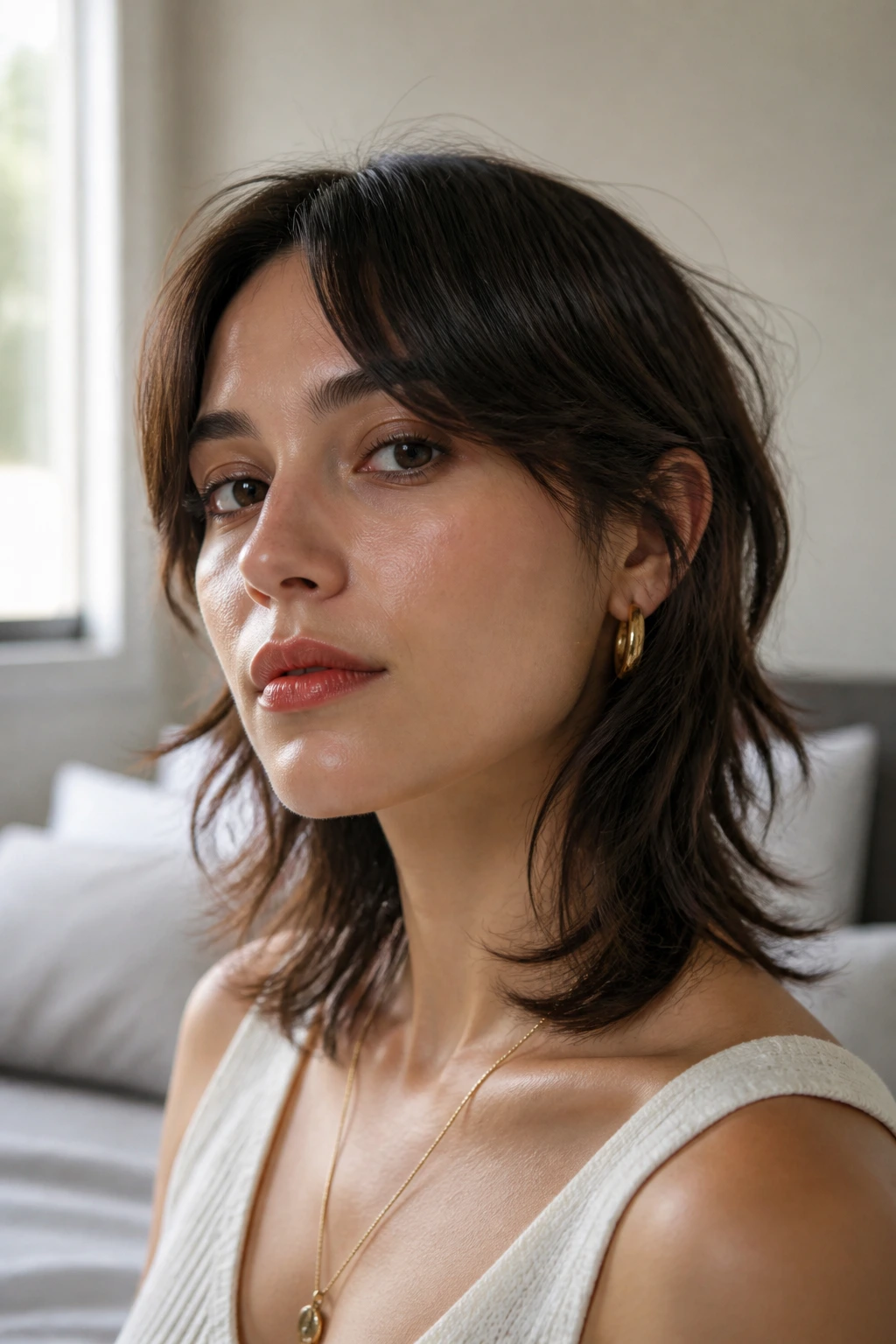 Close-up of a woman with ear-grazing layers and tucked bangs in softly lit bedroom