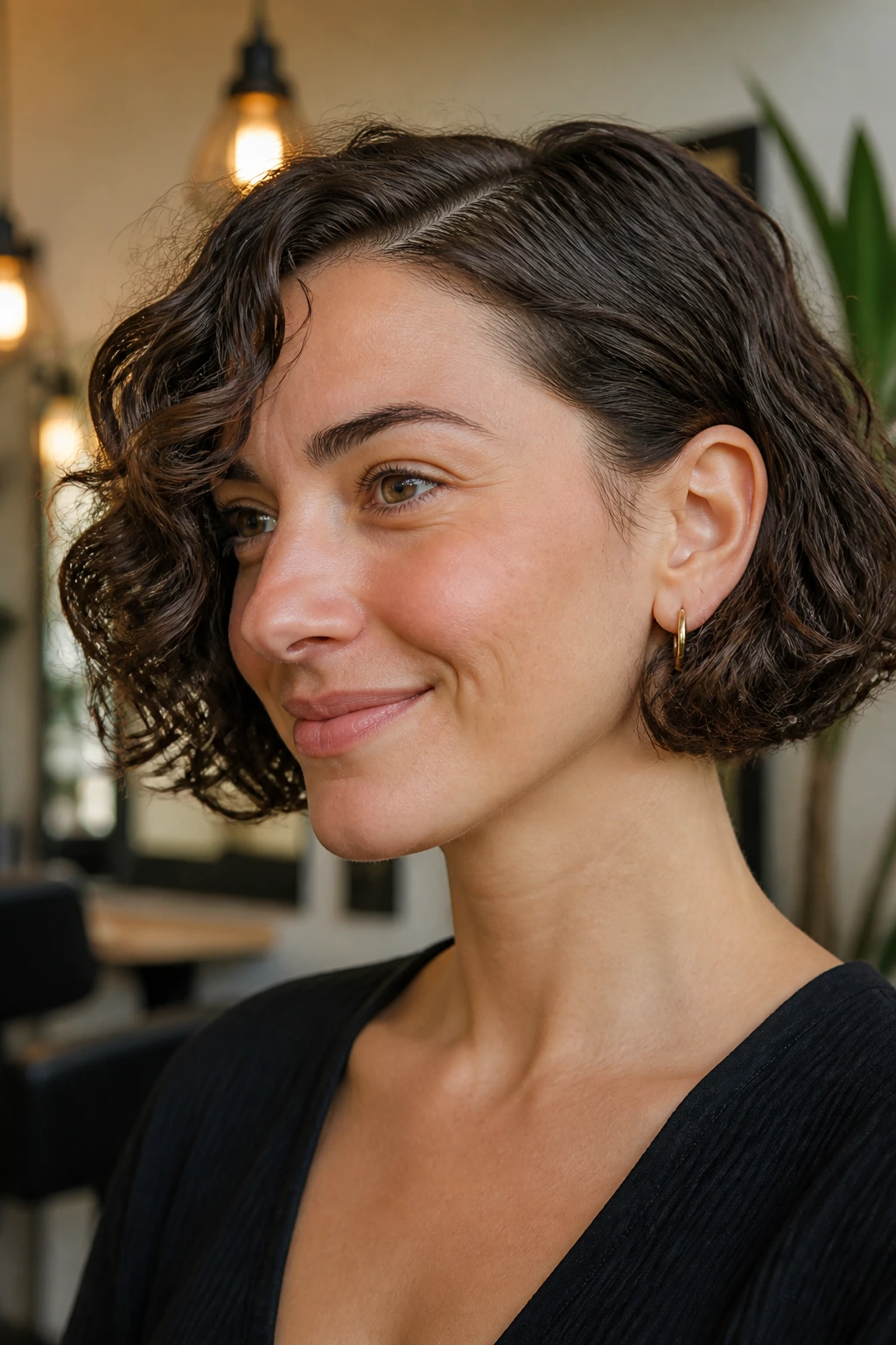 Close-up of real woman with tucked-behind-the-ear bob showing tuck at ear