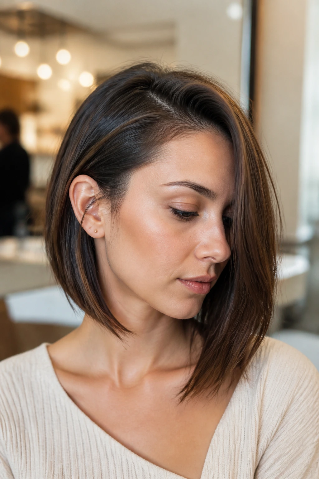 Real woman wearing tucked-behind-ear bob in a bright salon.