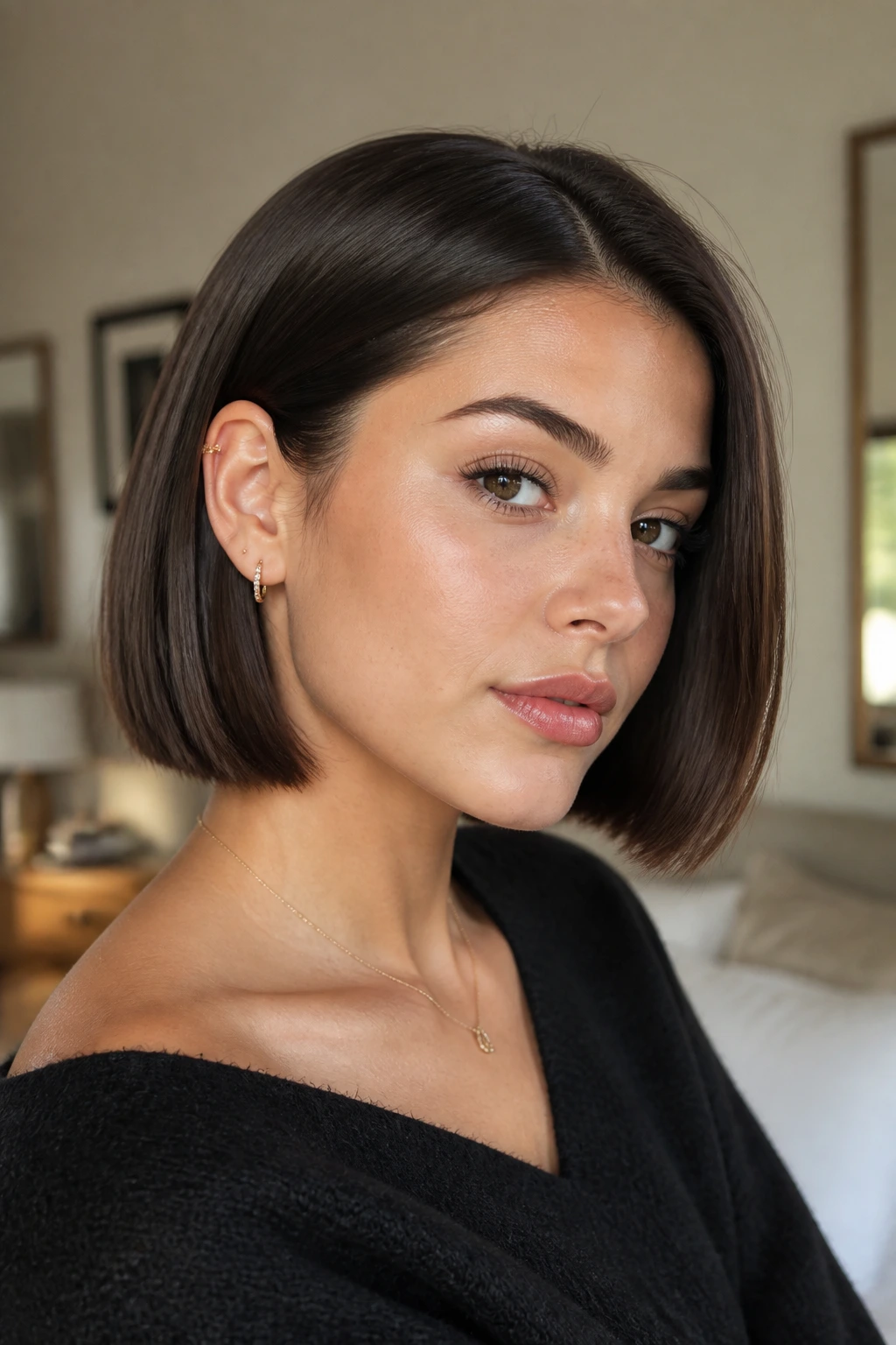 Real woman with tucked-behind-ear blunt bob and clean neckline