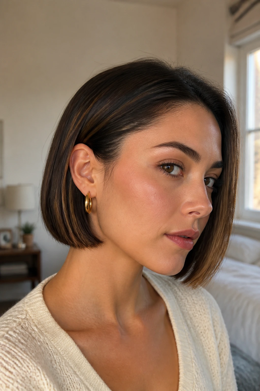 Real woman with tucked-behind-ear blunt bob in warm bedroom light