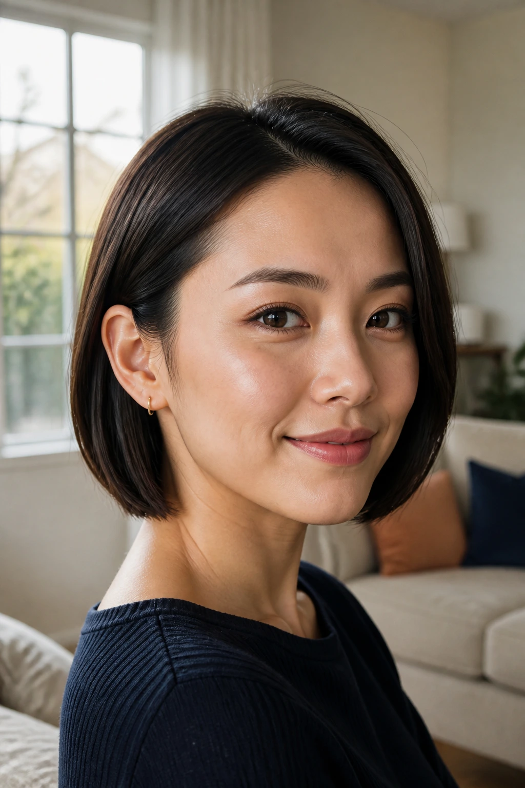 Close-up of real person with tucked-behind-the-ear bob.