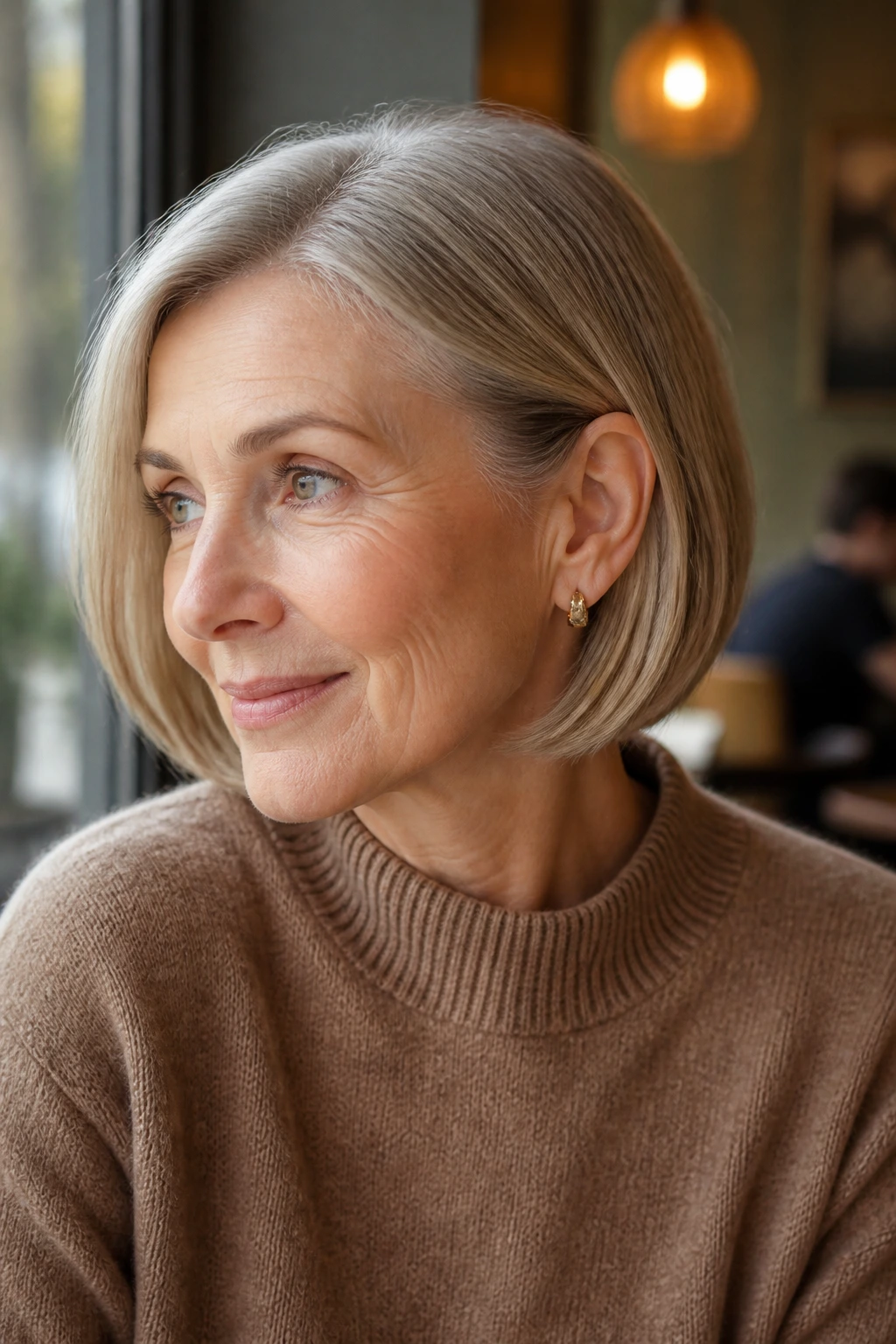 Real woman with a bob tucked behind the ear