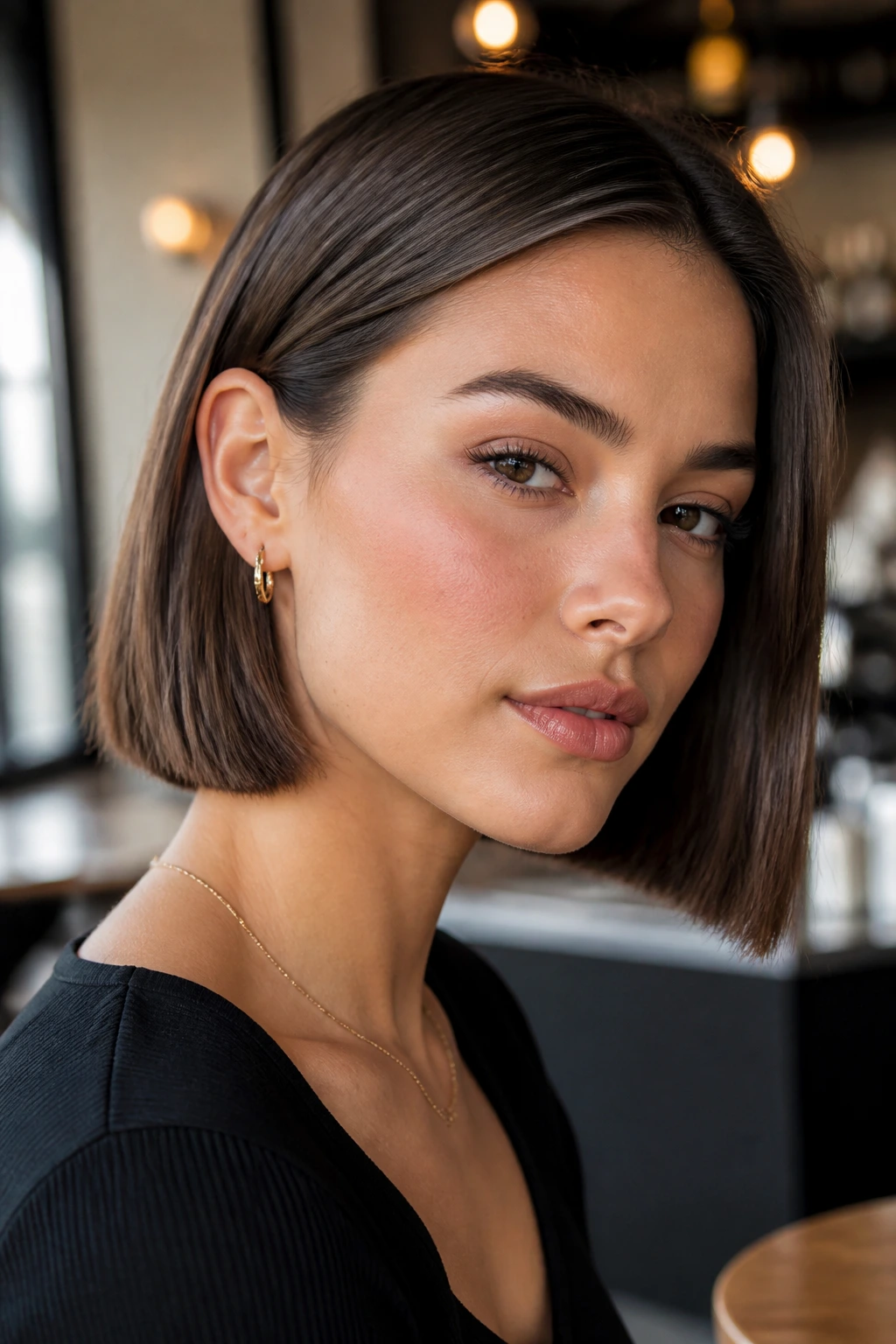 Close-up of a tucked-behind-ear bob on a real woman, ear exposed, in cafe light