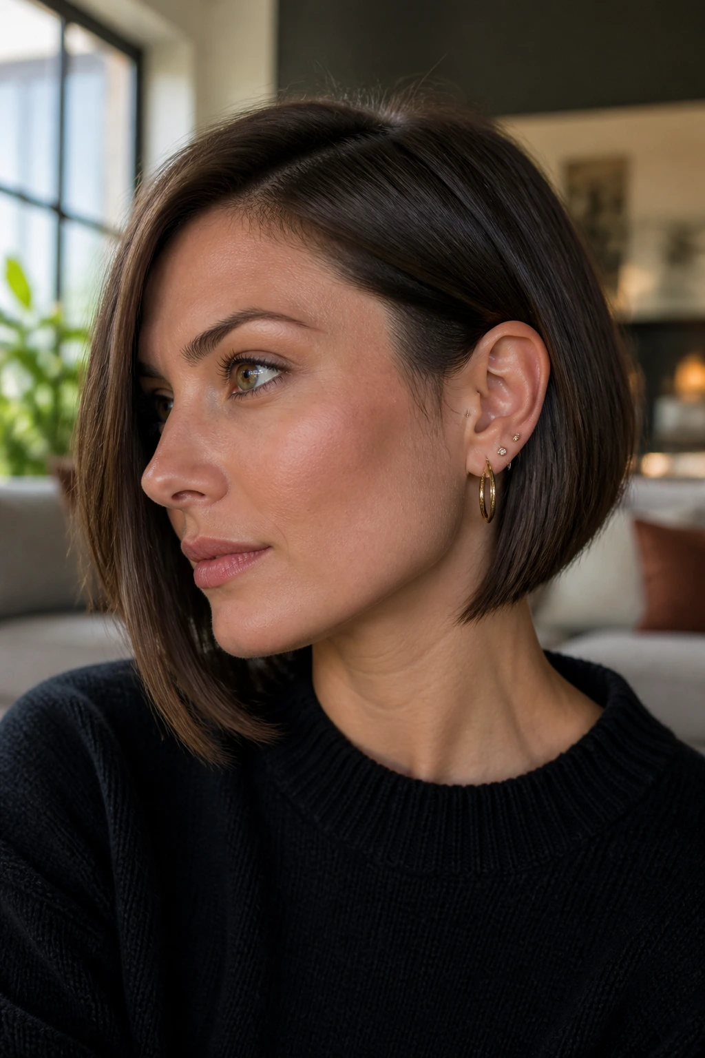 Close-up portrait of a real woman with the longer side tucked behind the ear in an asymmetrical bob