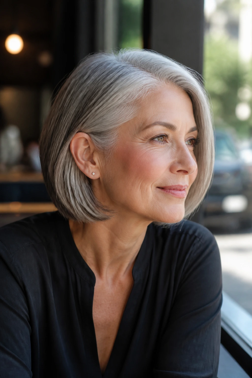 Close-up of tucked-behind-ear gray bob exposing ear