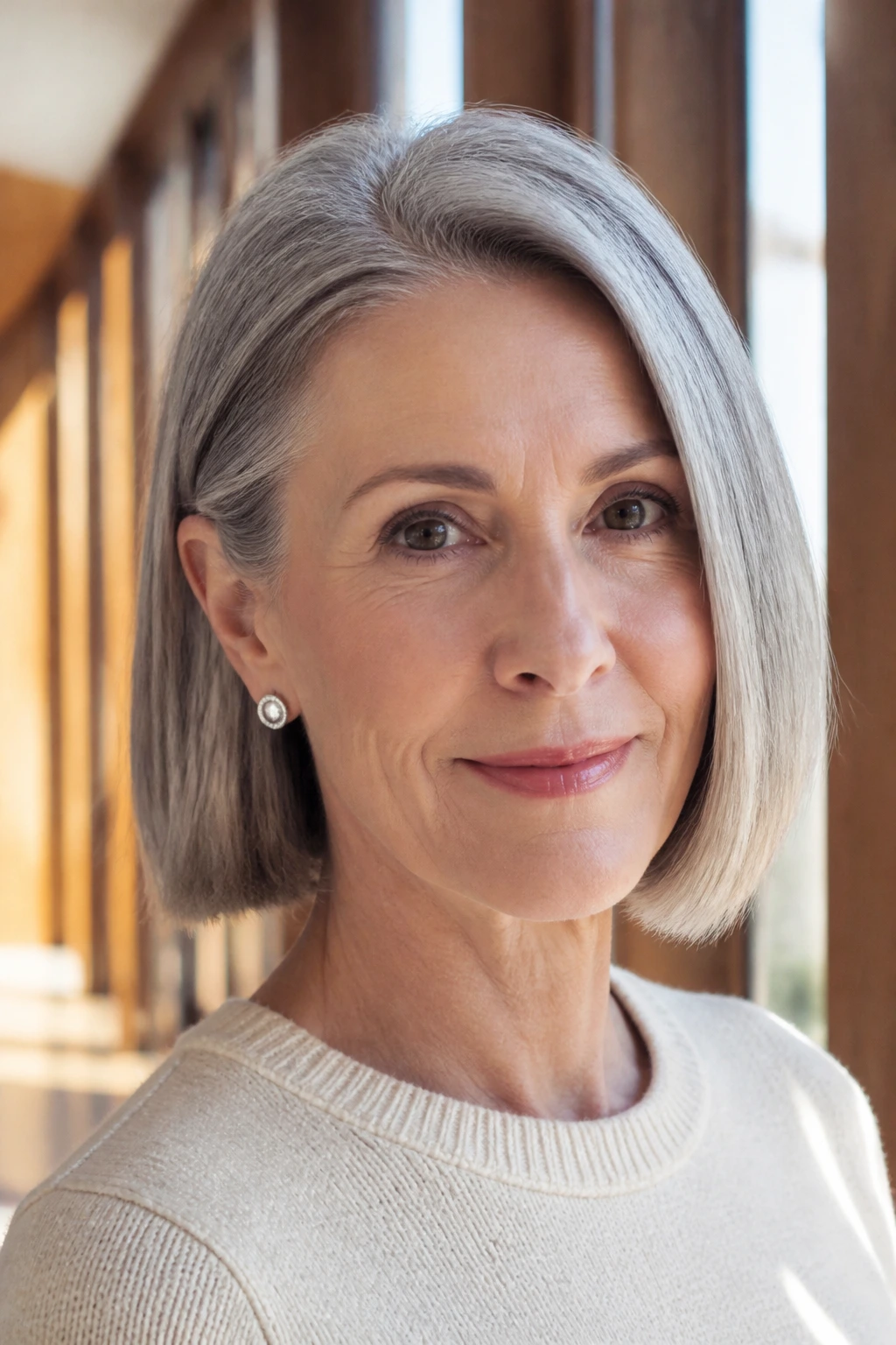 Close-up of a real woman with a tucked-behind-the-ear bob in a sunlit hallway