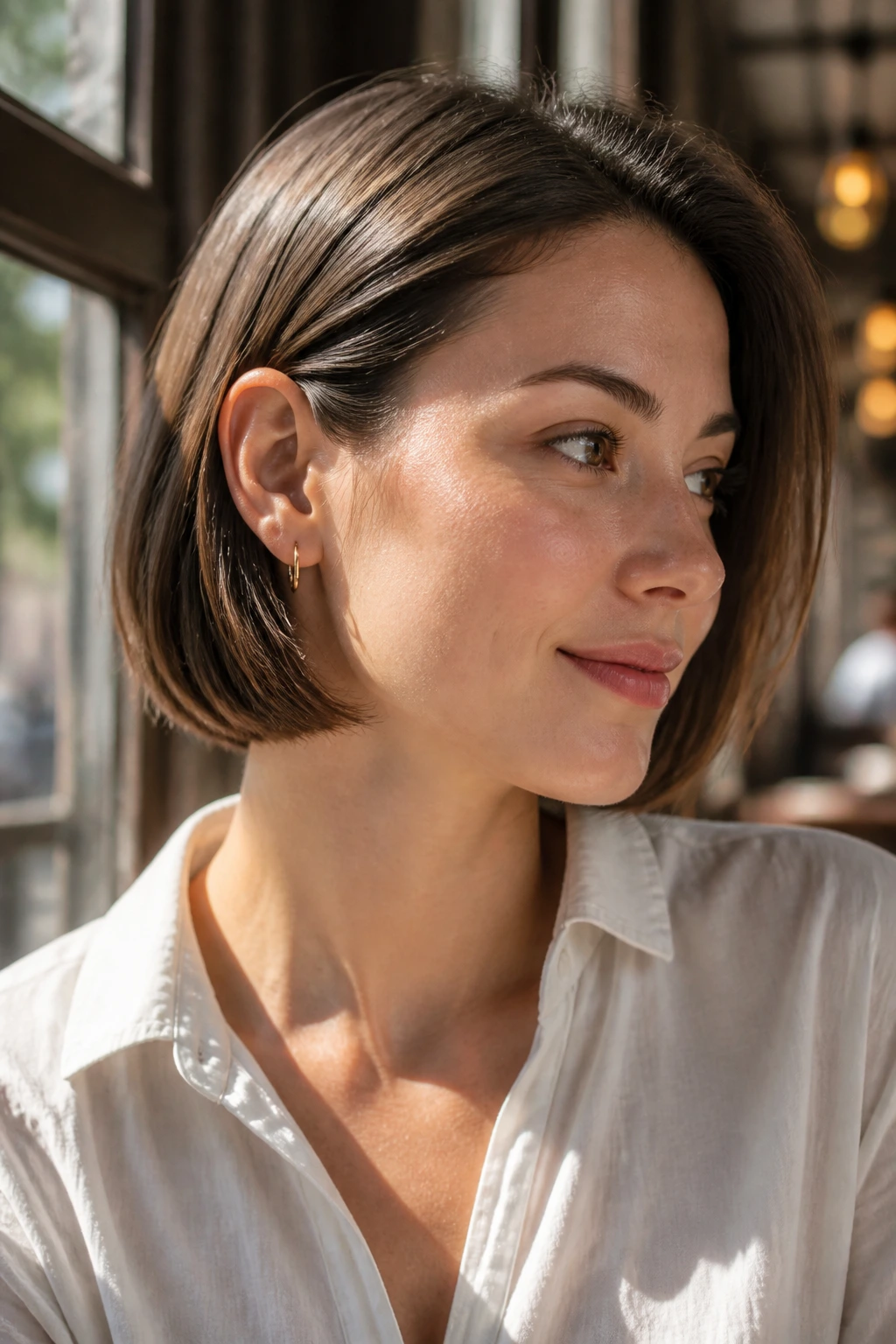 Close-up of a person with a tucked-behind-ear bob showing the tuck behind the ear