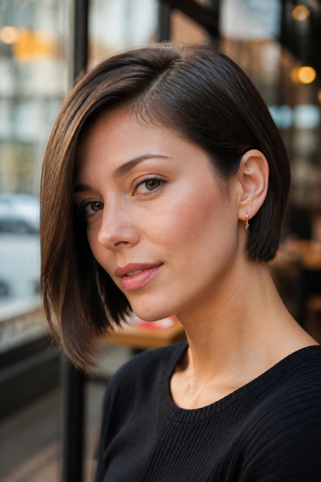 Close-up woman with tucked behind ear asymmetrical bob in cafe setting