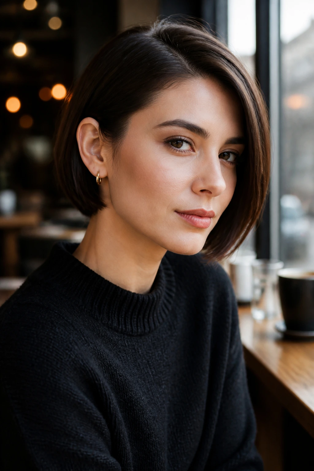 Close-up portrait of a real woman with a tucked-behind-the-ear bob
