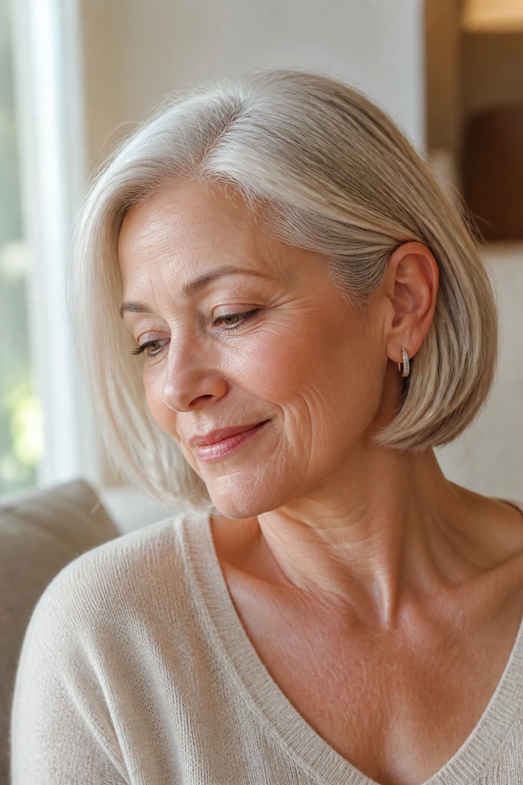 Medium close-up of an older woman with a tucked-behind-ear bob