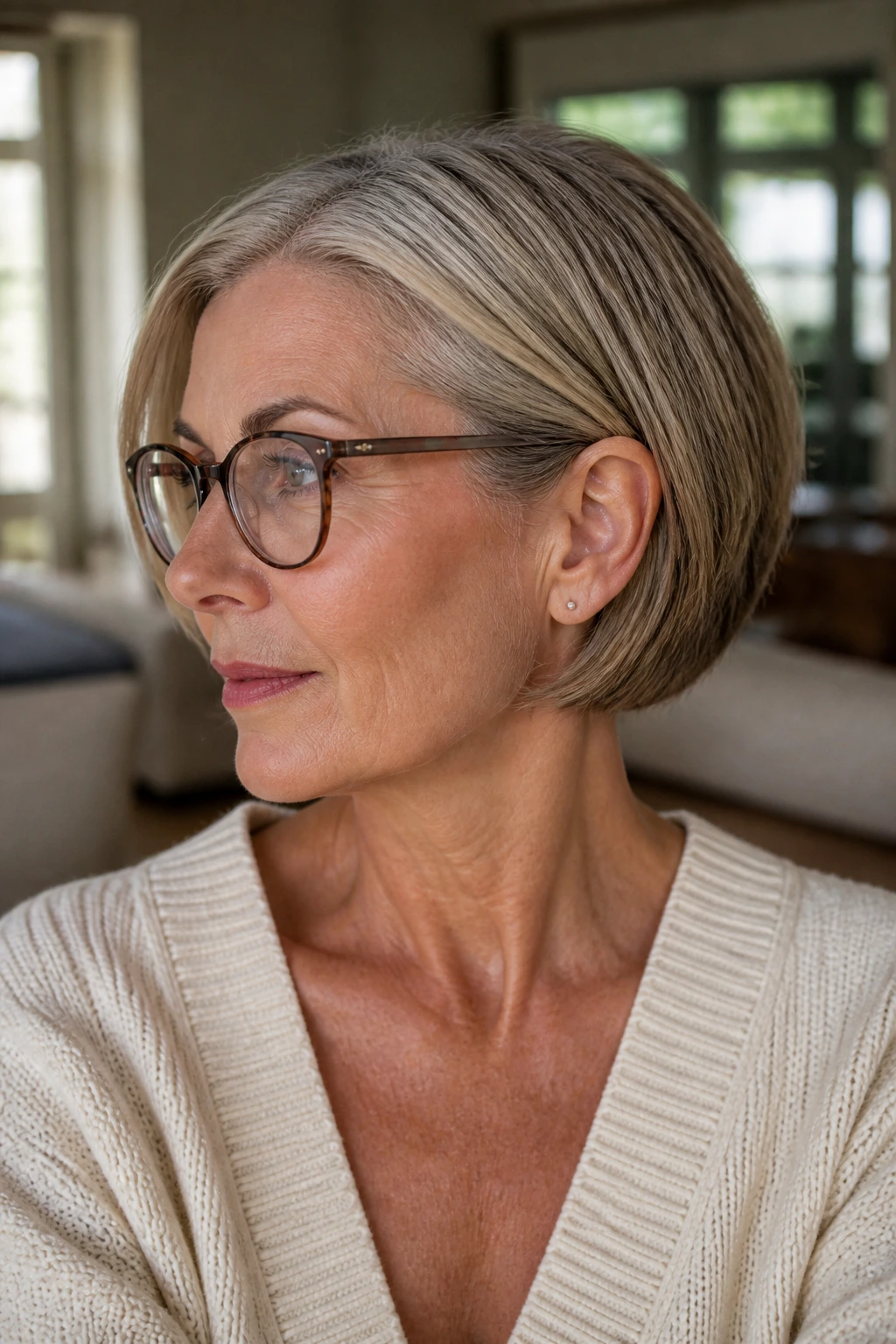 Close-up portrait of a real woman with a tucked-behind-ear bob