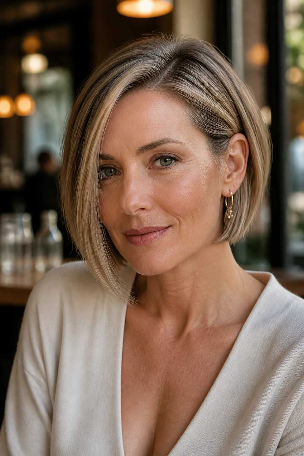 Portrait of a real woman with tucked-behind-ear bob in warm cafe light.