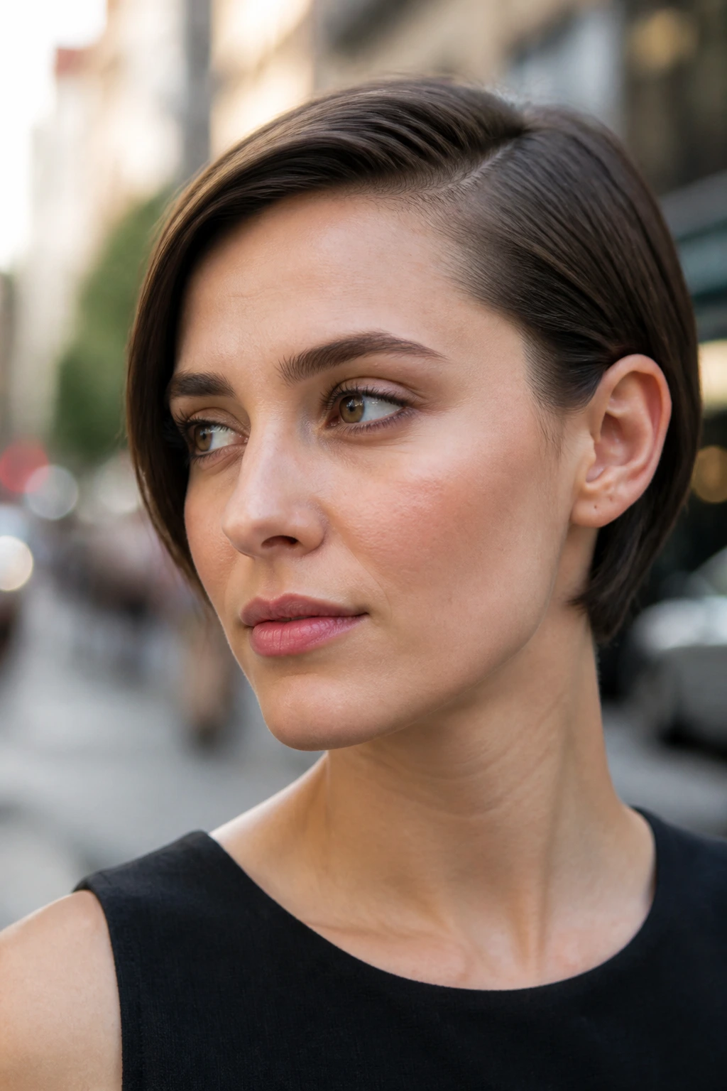Close-up of a woman with hair tucked behind one ear on one side.