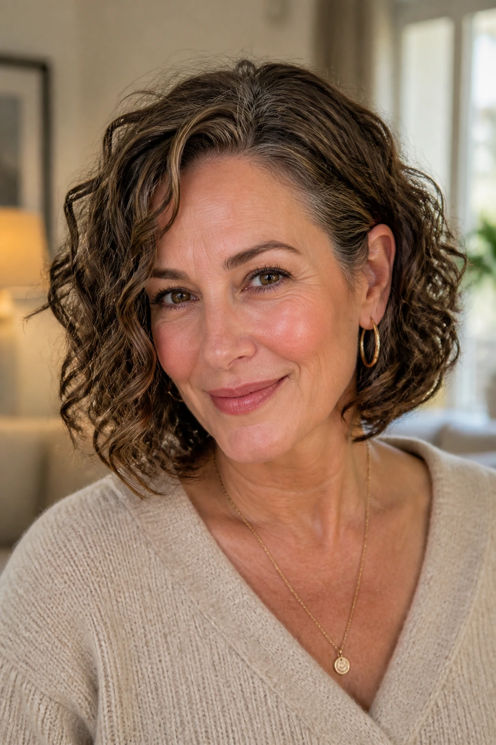 Close-up of a real woman with the tucked-behind-ear curly cut
