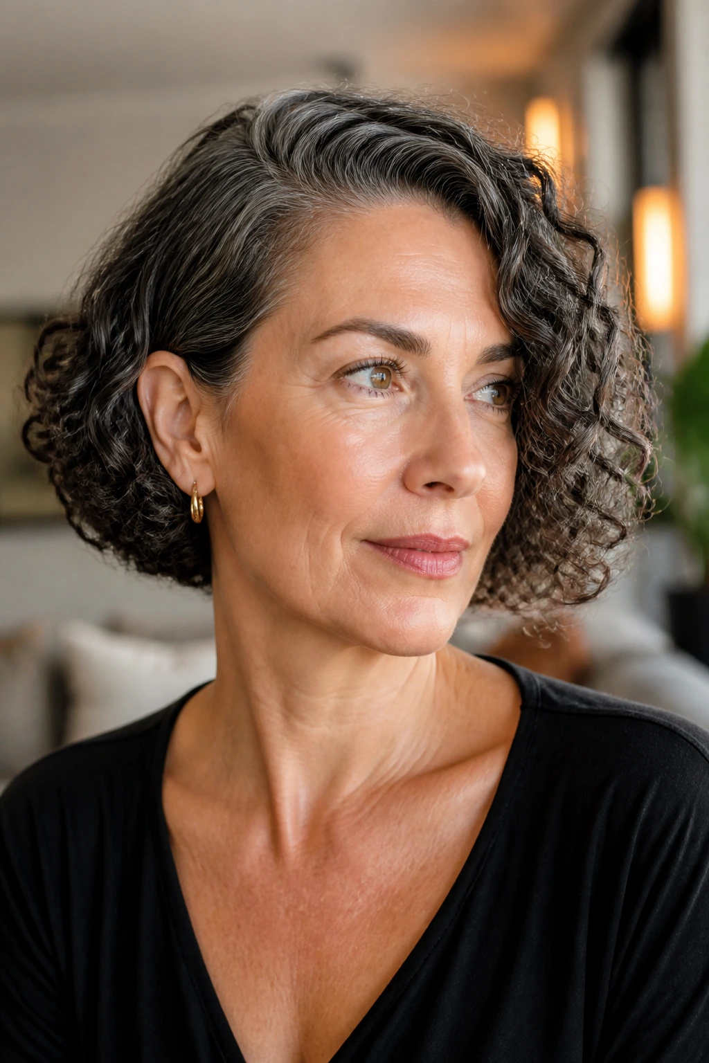 Close-up portrait of a real woman with a tucked-behind-the-ear curly bob