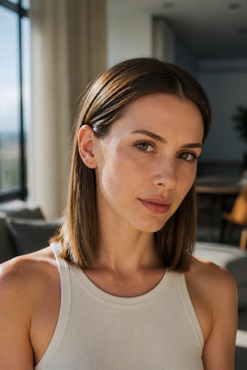 Close-up real woman with hair tucked behind ears emphasizing cheekbones.