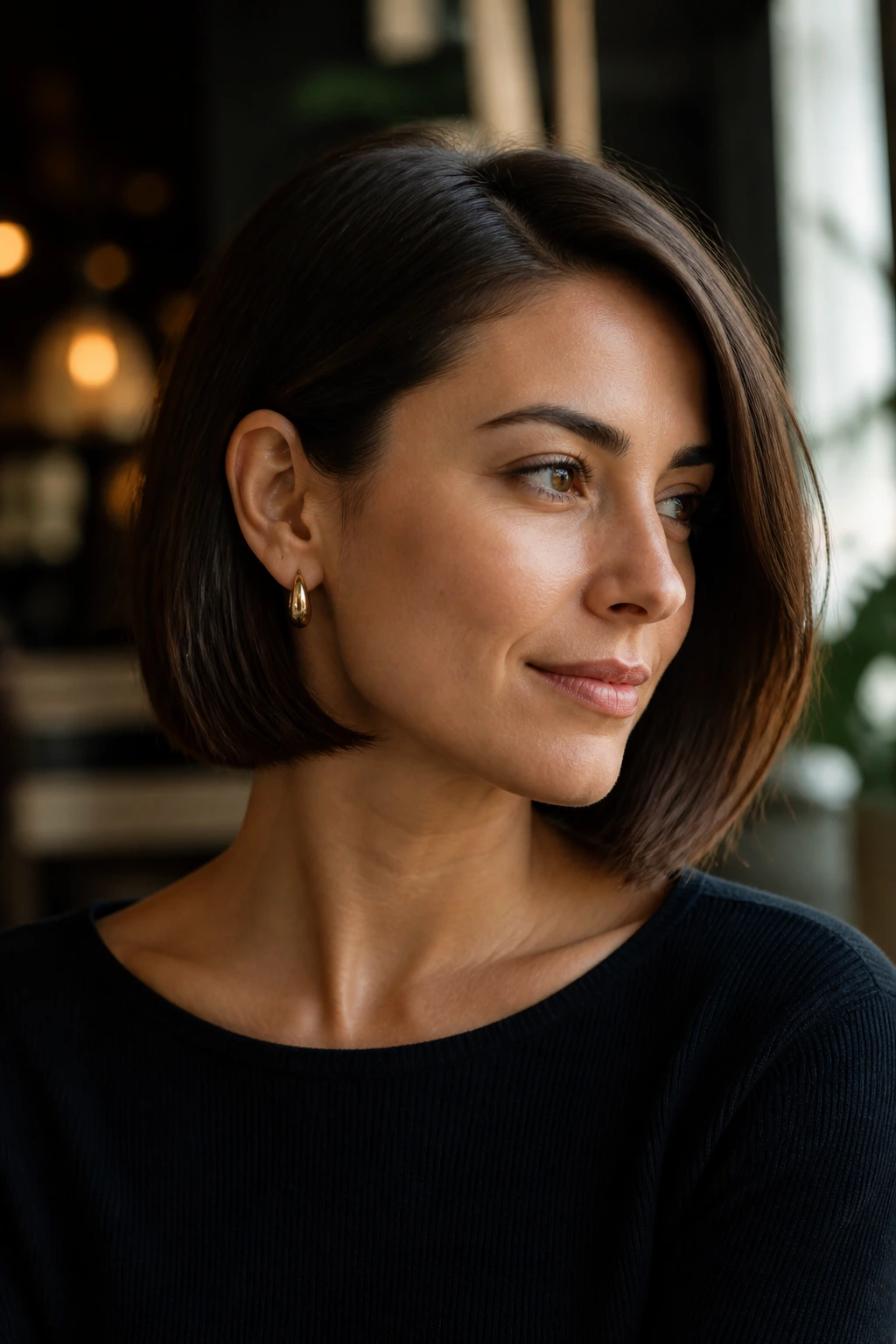 Real woman with tucked-behind-ear Italian bob in cafe light