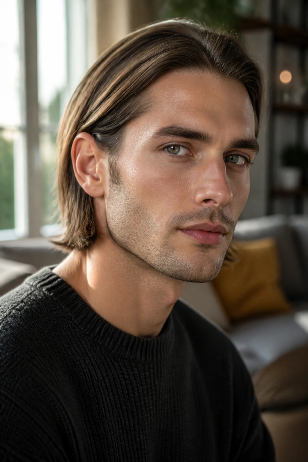 Close-up portrait of a man with tucked-behind-ear length hairstyle, hair brushed behind the ears and reaching the jawline.