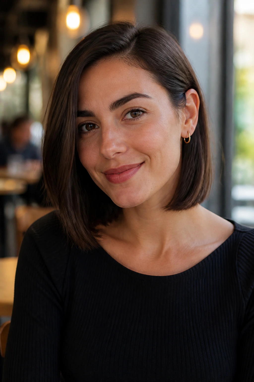 Close-up portrait of a real woman with hair tucked behind her ear on a tucked-behind-ear lob