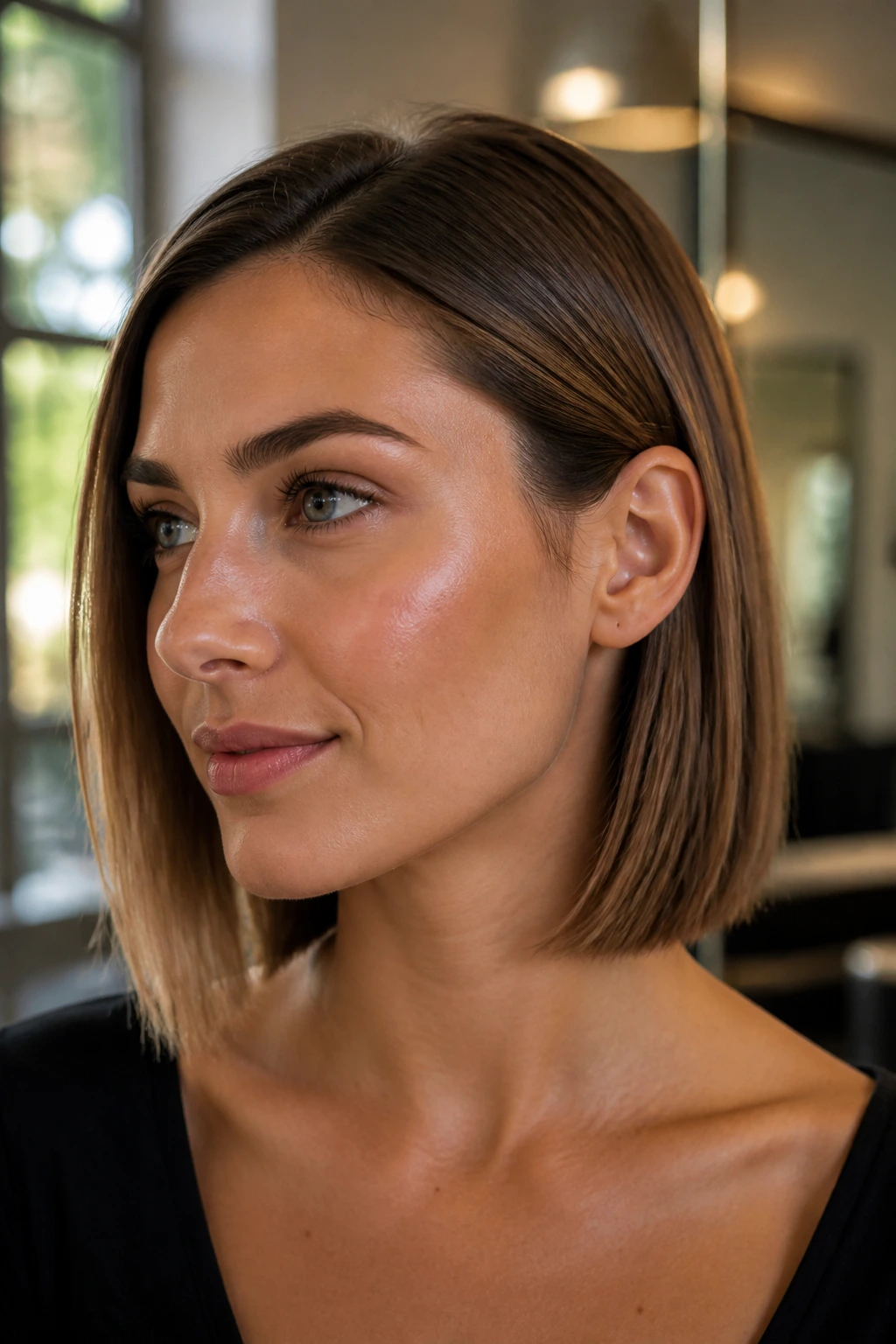 Close-up of a real woman with a tucked-behind-ear lob, hair tucked behind one ear