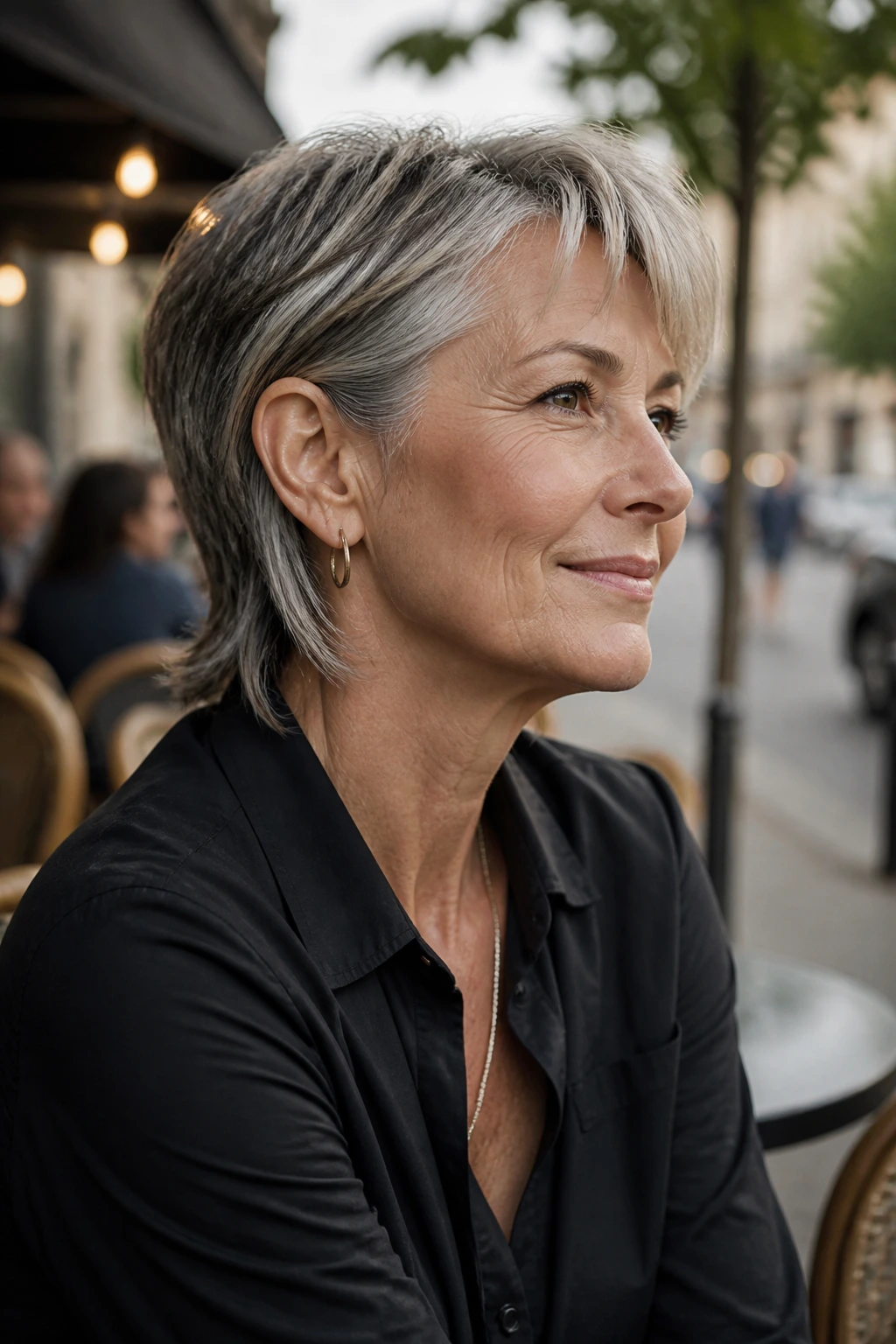 Close-up of a real woman with a tucked-behind-ear mullet on a city cafe patio