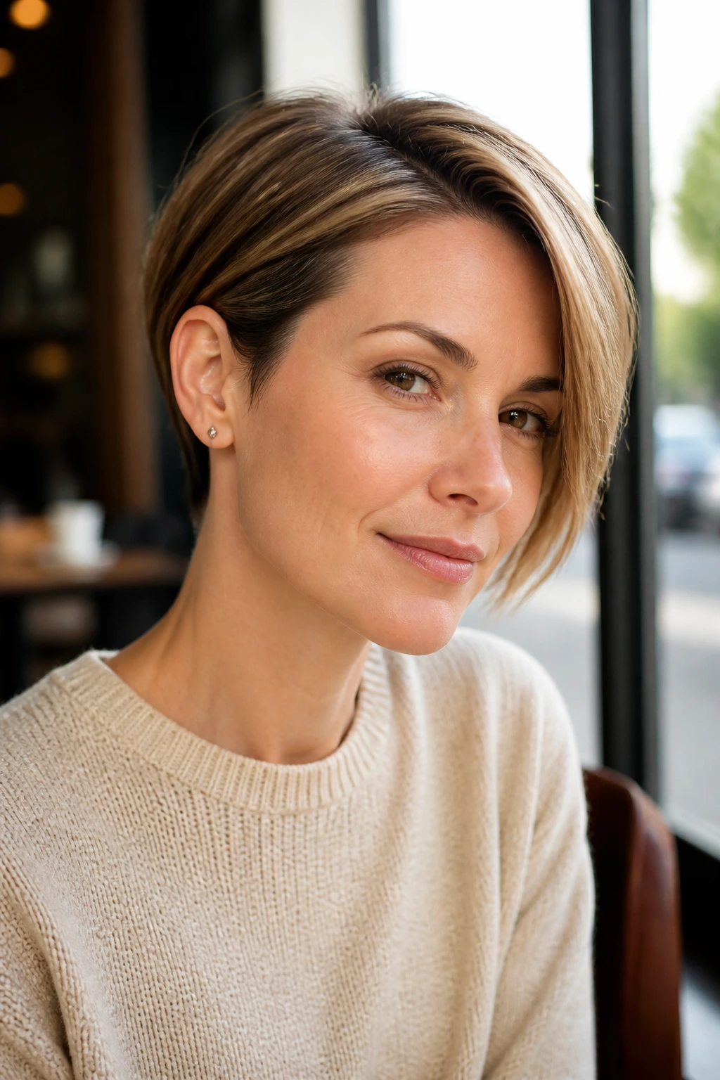 Portrait of a woman with tucked behind ear pixie bob