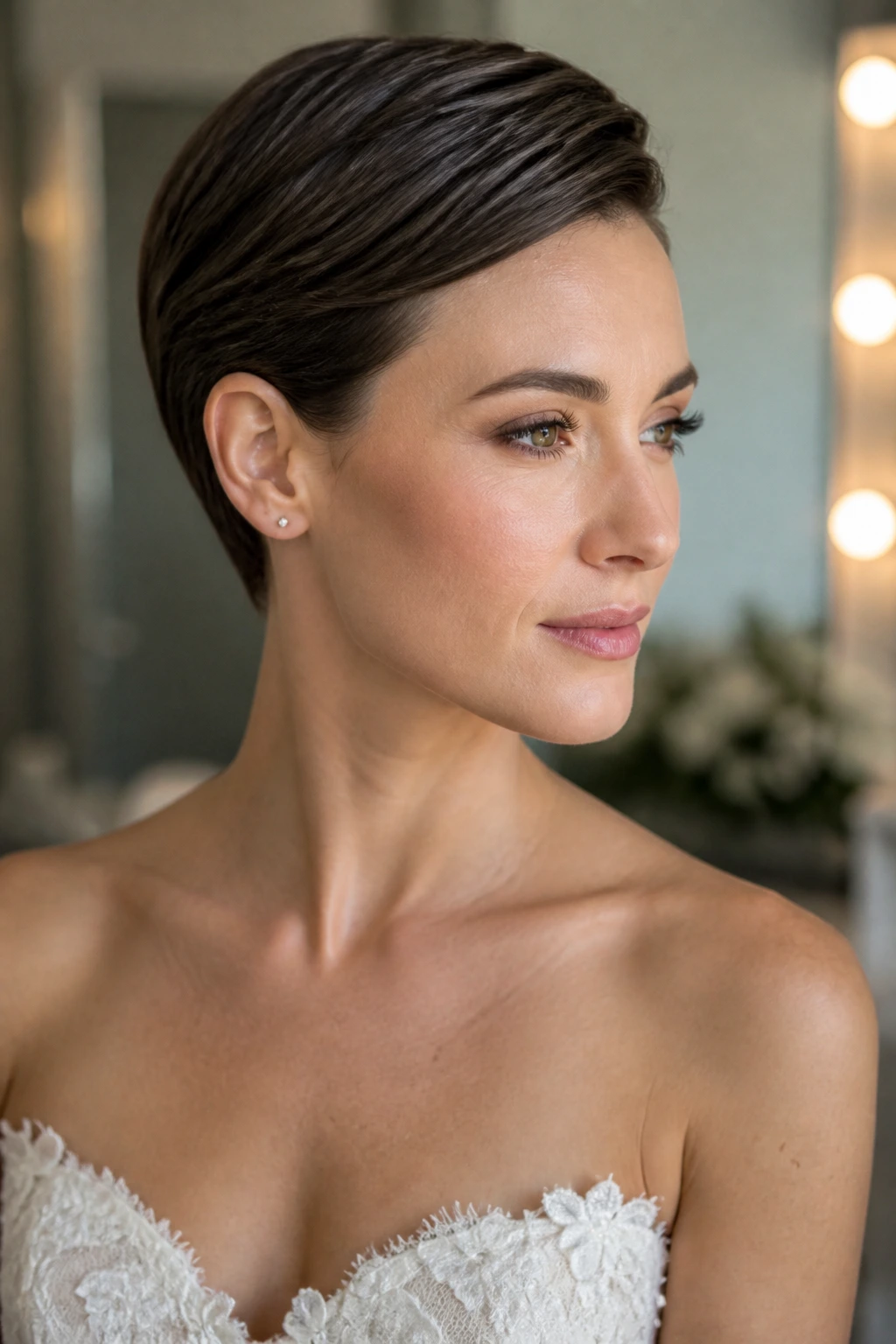 Close-up of a real bride with tucked-behind-ear sleek pixie