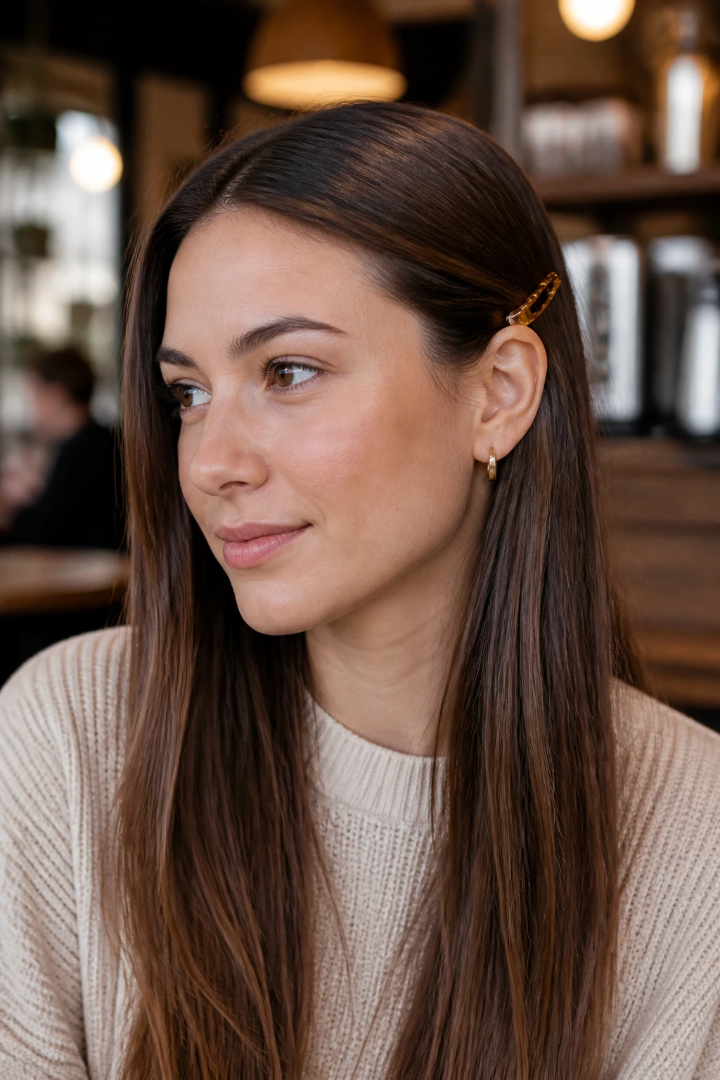 Close-up of a real woman with hair tucked behind one ear and a small side clip.
