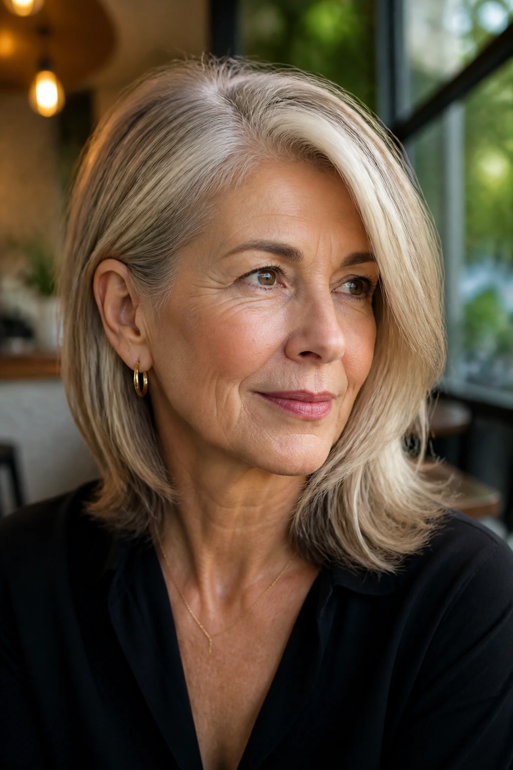 Close-up of a real woman with hair tucked behind her ear showing a swing cut.