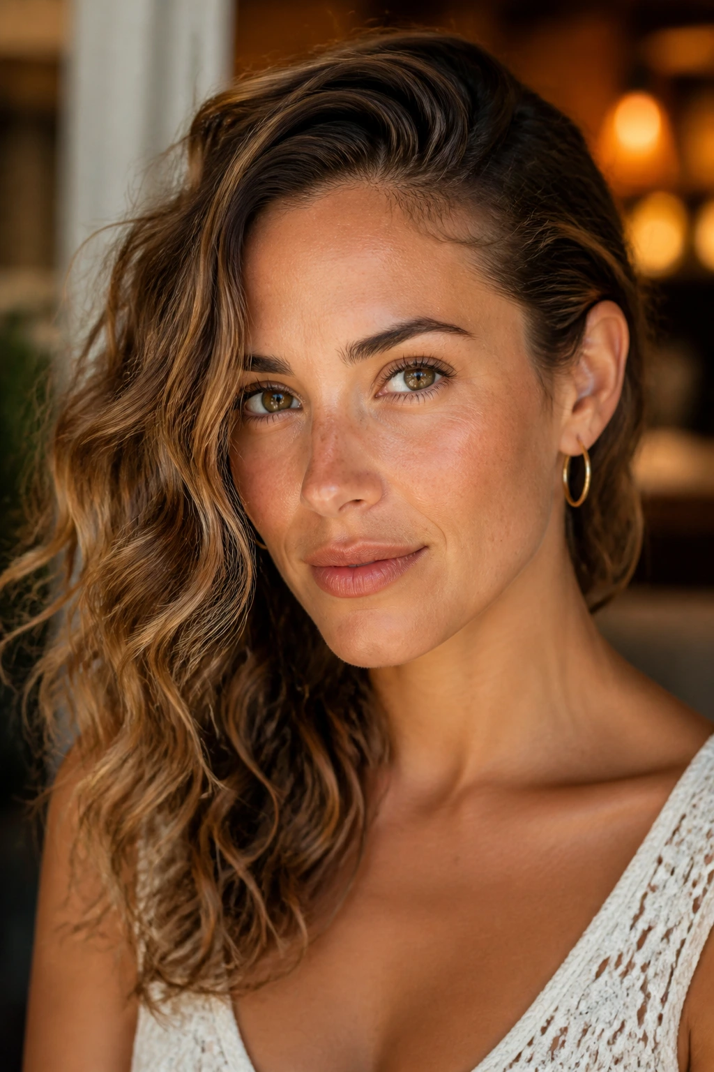 Close-up of a real woman's waves tucked behind one ear with a clean side silhouette