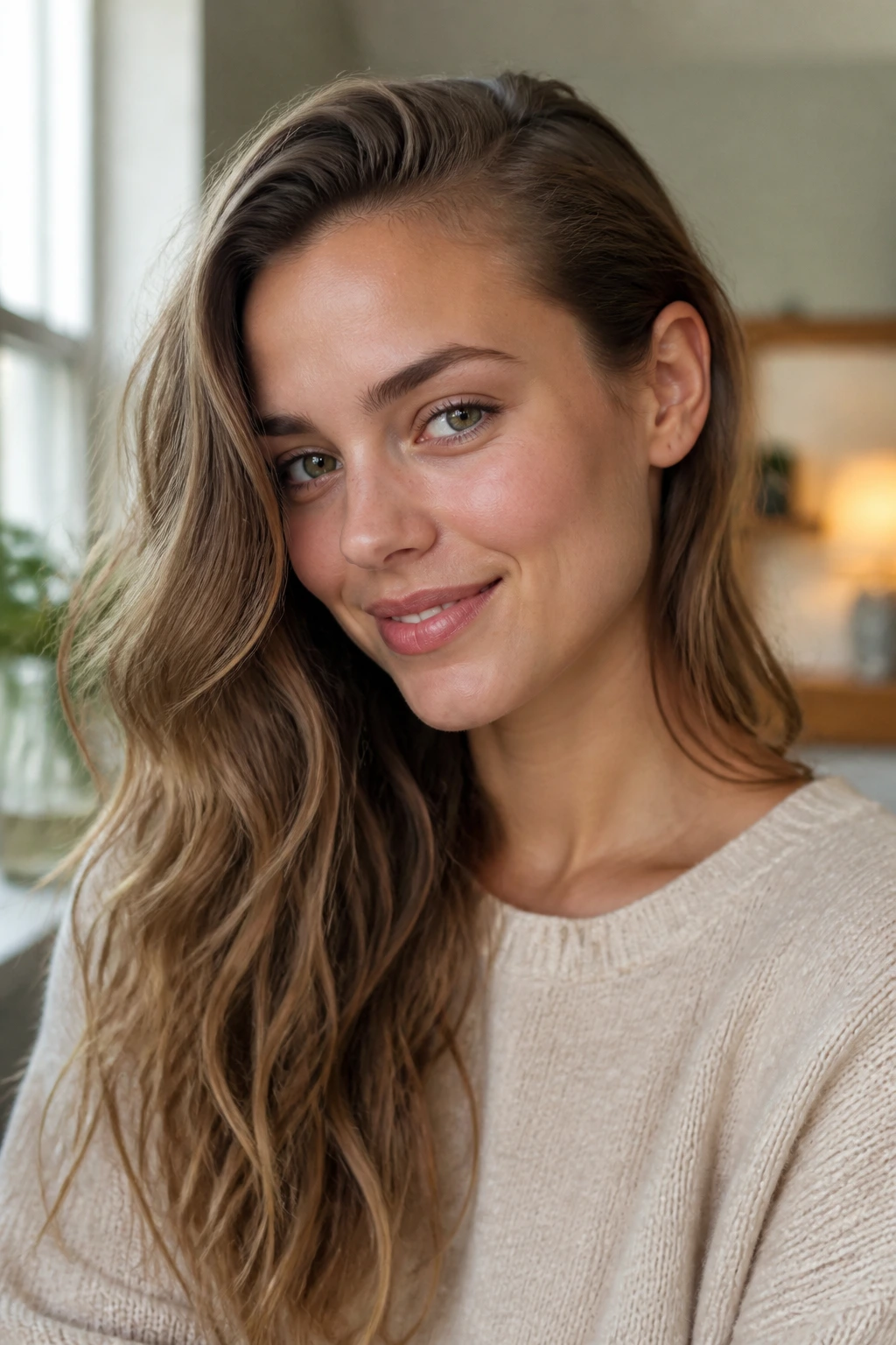 Close-up of a woman with tucked-behind-ear waves and a clean side sweep