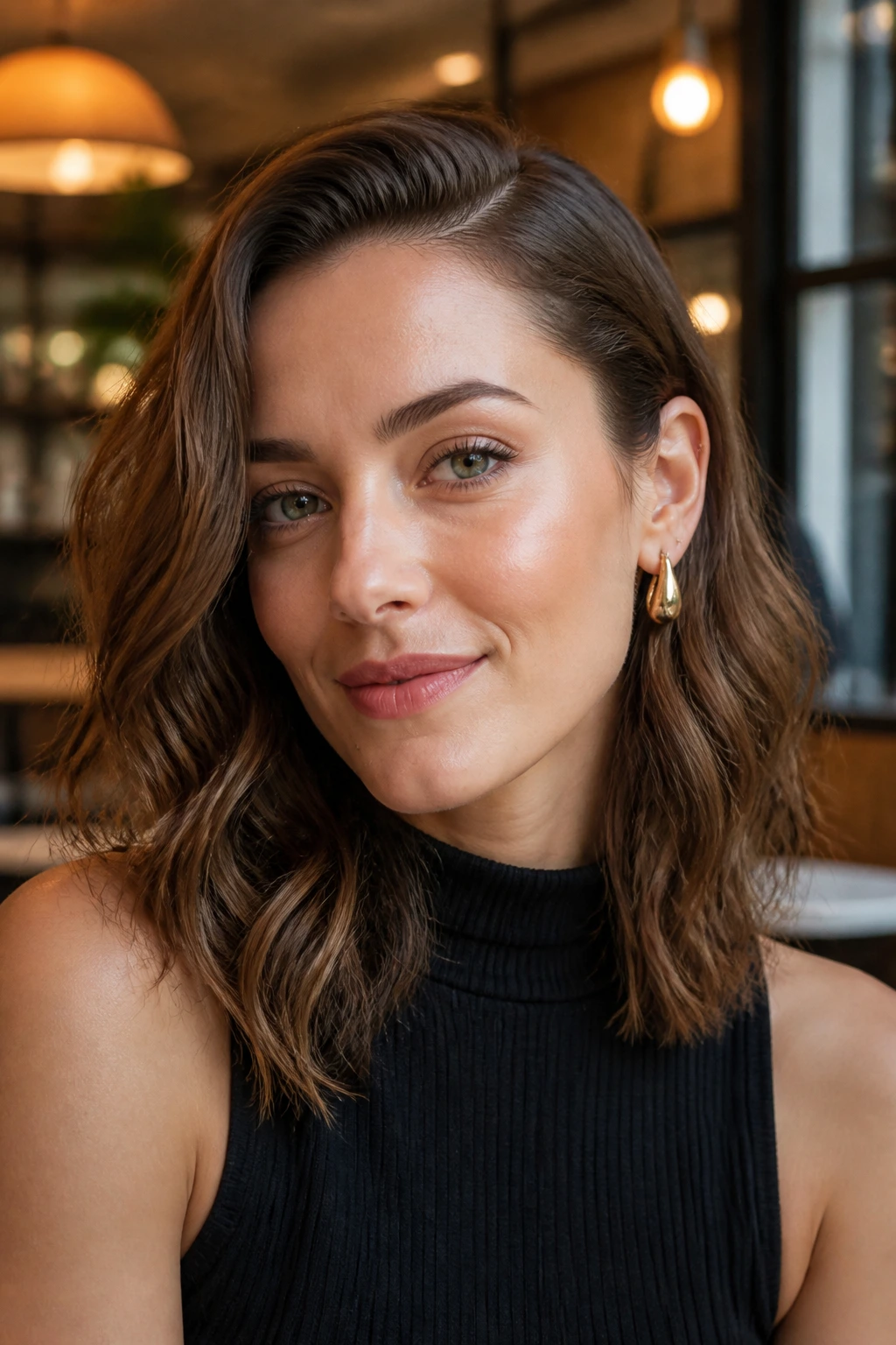 Close-up of a real person with one-side tucked behind the ear and loose waves