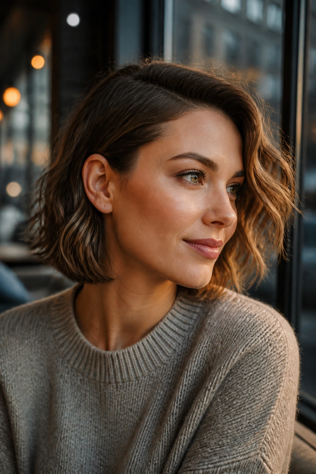 Close-up of a real woman with one side tucked behind the ear in waves