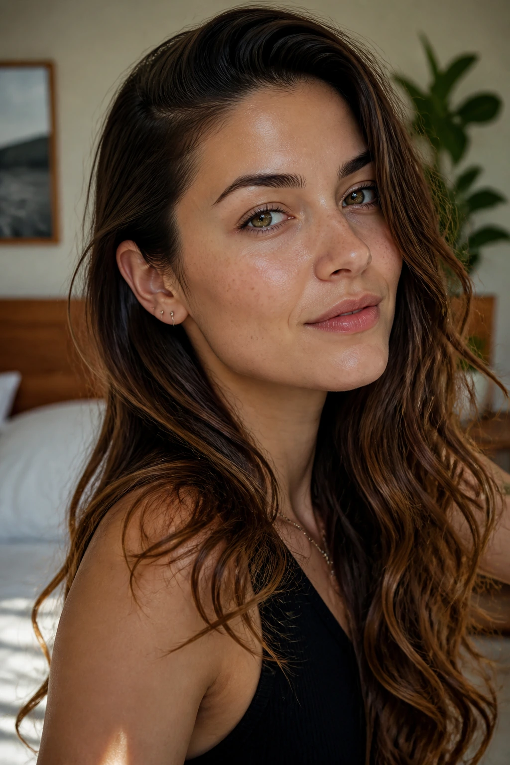 Close-up of real woman with tucked-behind-ear wavy hairstyle, sleek front and long back