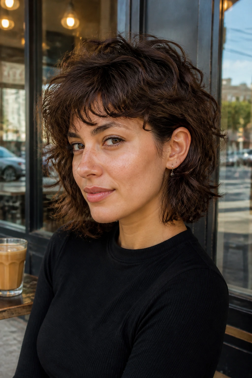 Three-quarter portrait of a real person with hair tucked behind the ear wolf bob