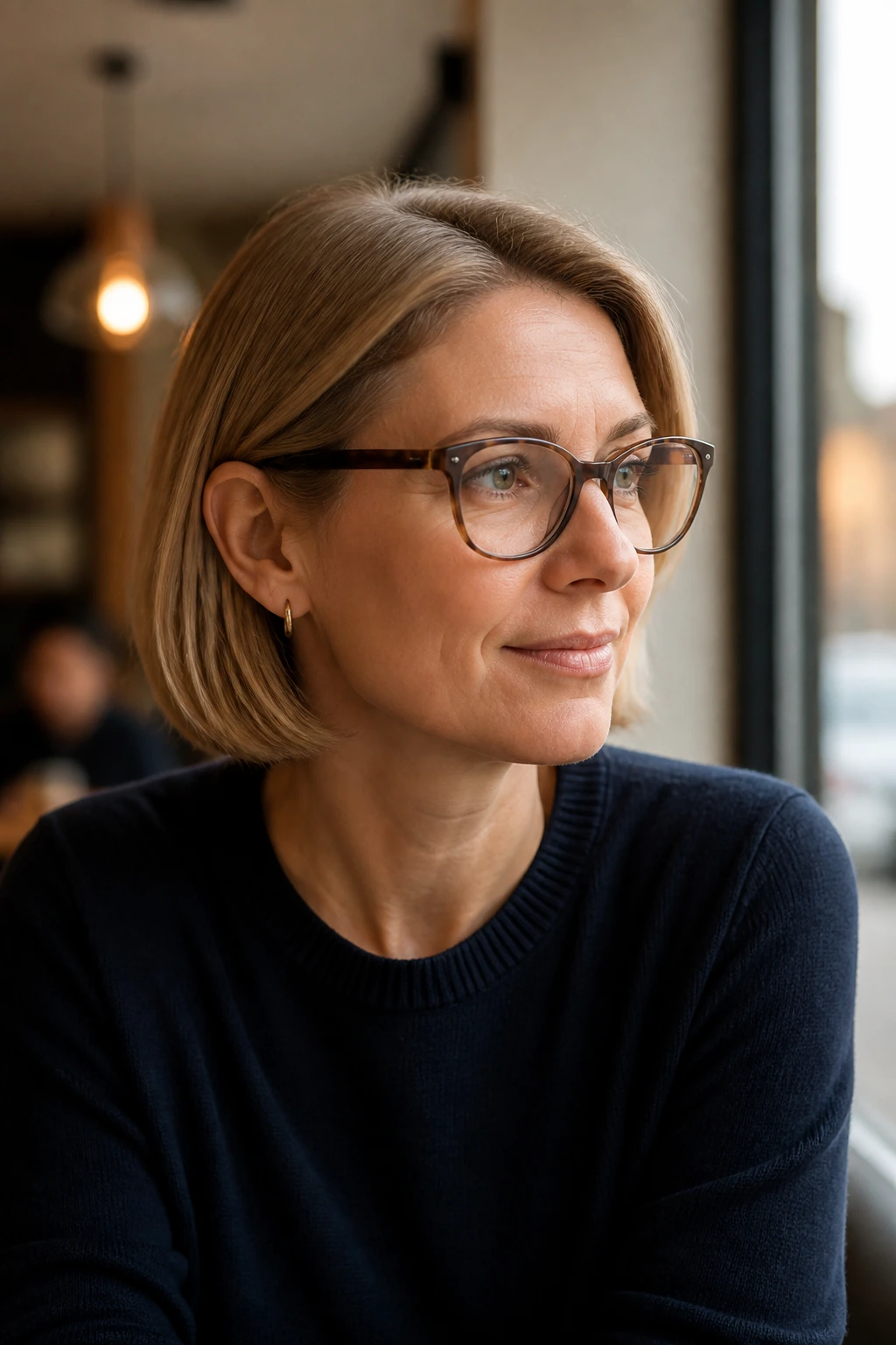 Portrait of a real woman with a tucked-behind-ears bob and visible ear tuck.